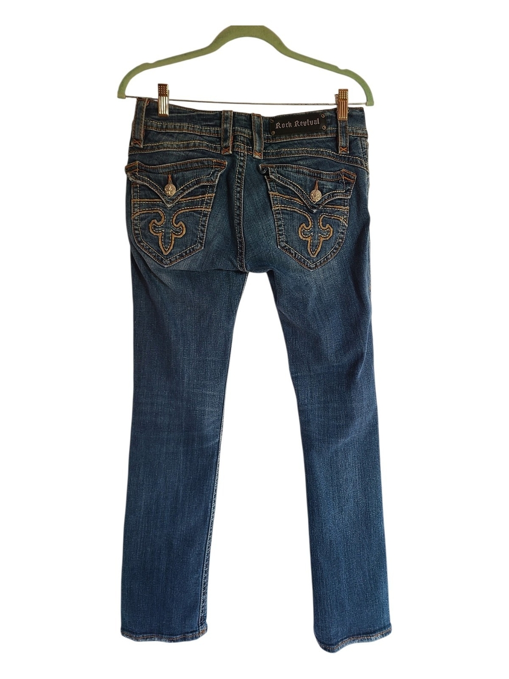Rock Revival Patti Straight Leg Jeans Sz 30 Embellished Pocket Flap Thick Stitch